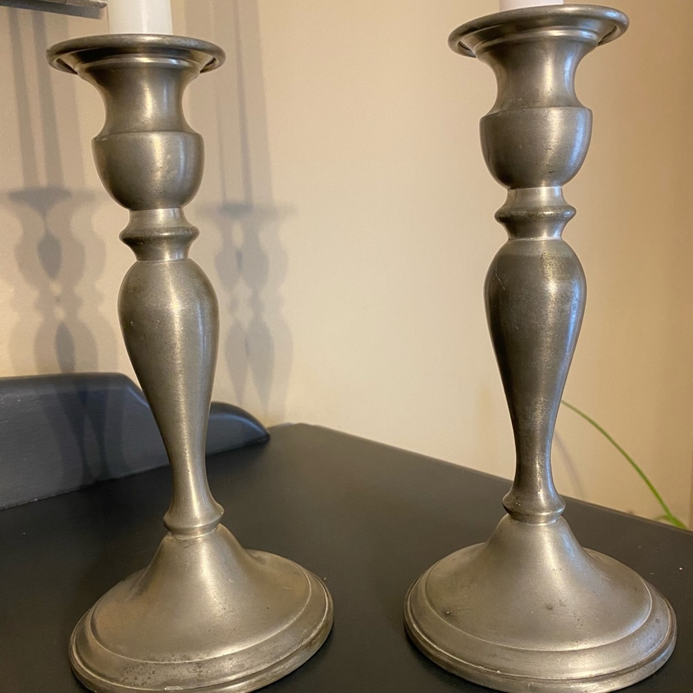 Two vintage web pewter candle stands. Solid and heavy round bottoms.